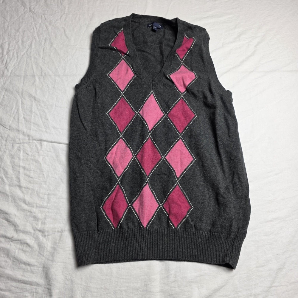 gap women's sweater vest y2k argyle gray pink large